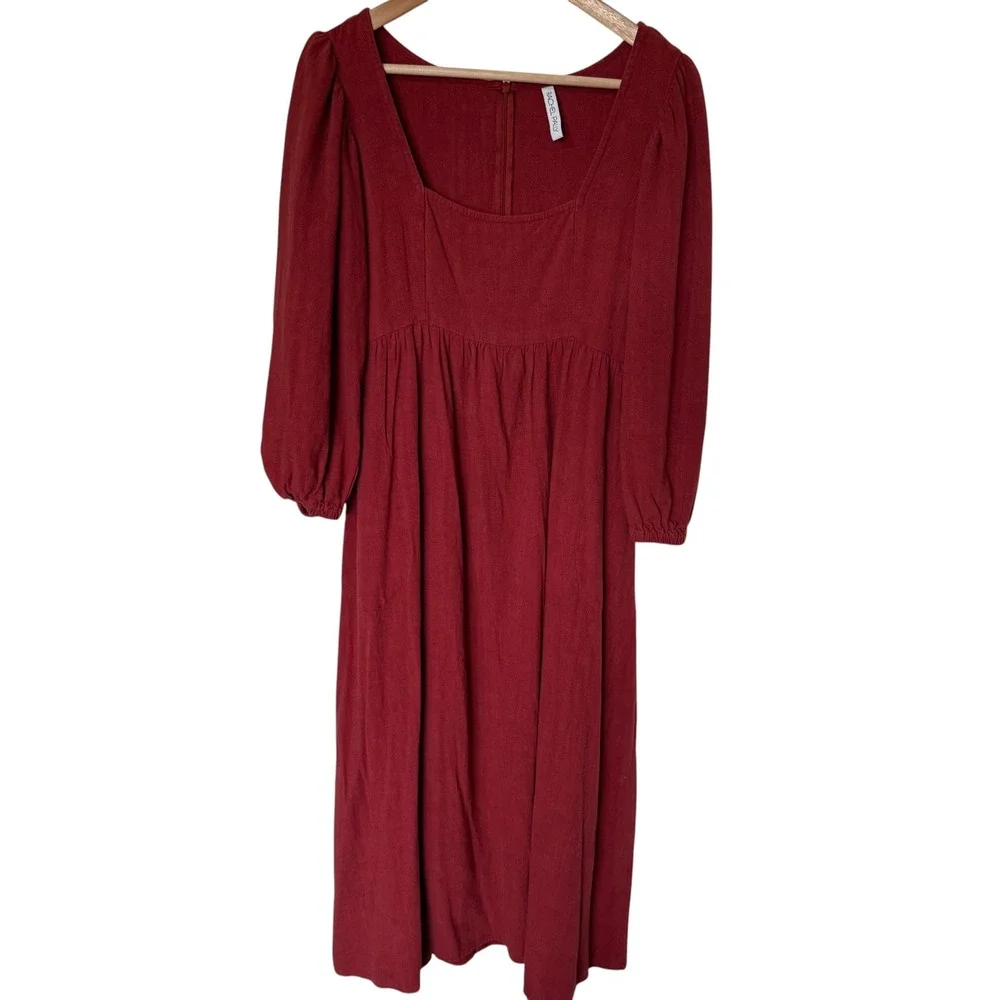 Rachel Pally Midi Dress Womens Small Red Excellent‎ Linen Blend Puff Sleeve